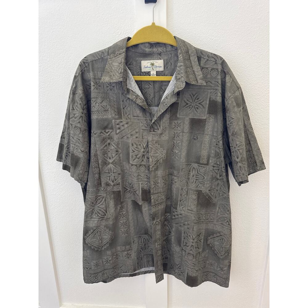 Island Shores Vintage Hawaiian Shirt Mens XL Green Tropical Geometric Print